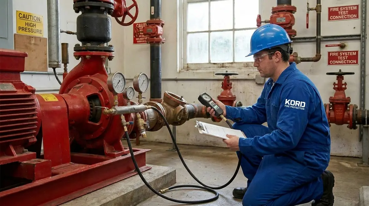 Fire protection technicians reviewing combined system layout