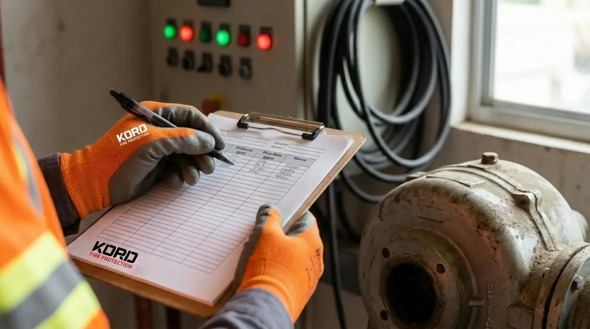 Technician reviewing fire pump inspection records on site