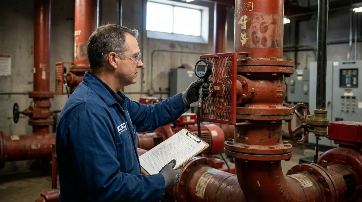 Technician performing diesel fire pump routine readiness testing