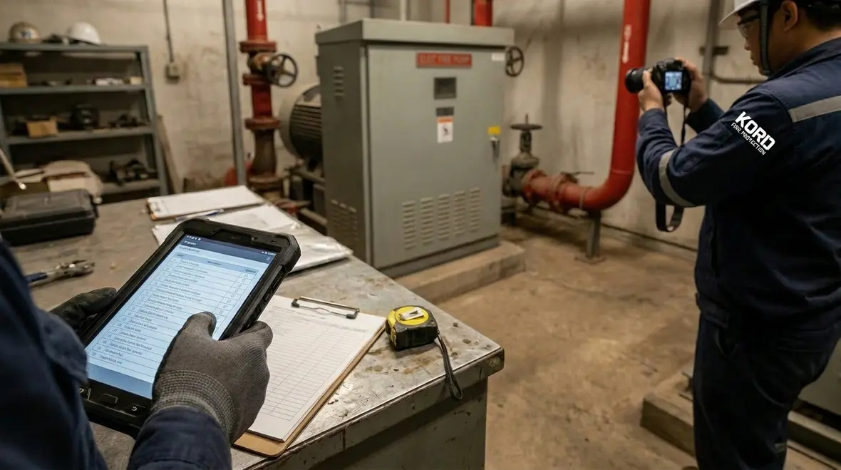 AS 1851 electric fire pump performance testing in a pump room