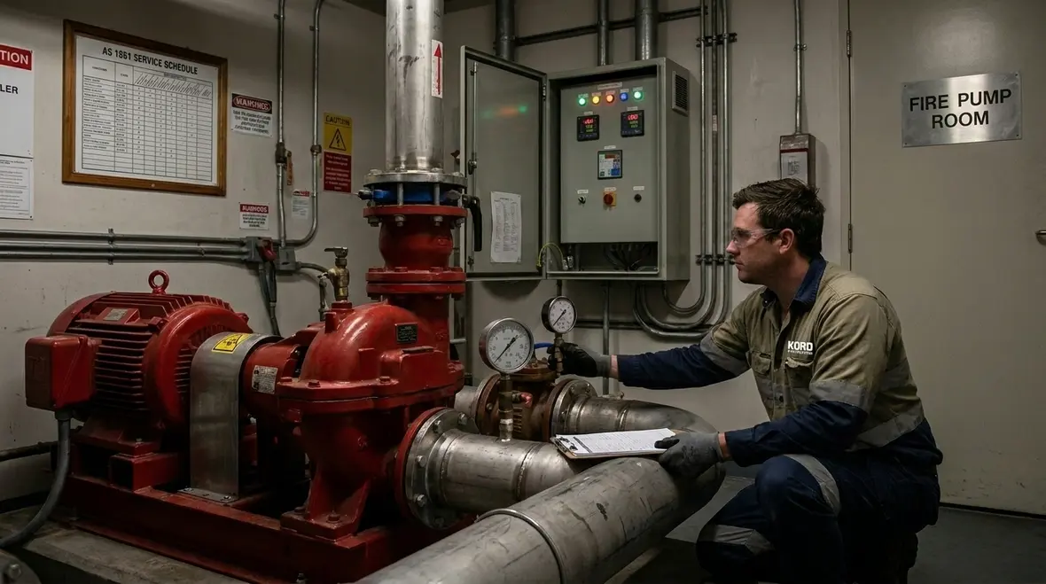 Technician performing AS 1851 fire pump routine service inspection in pump room