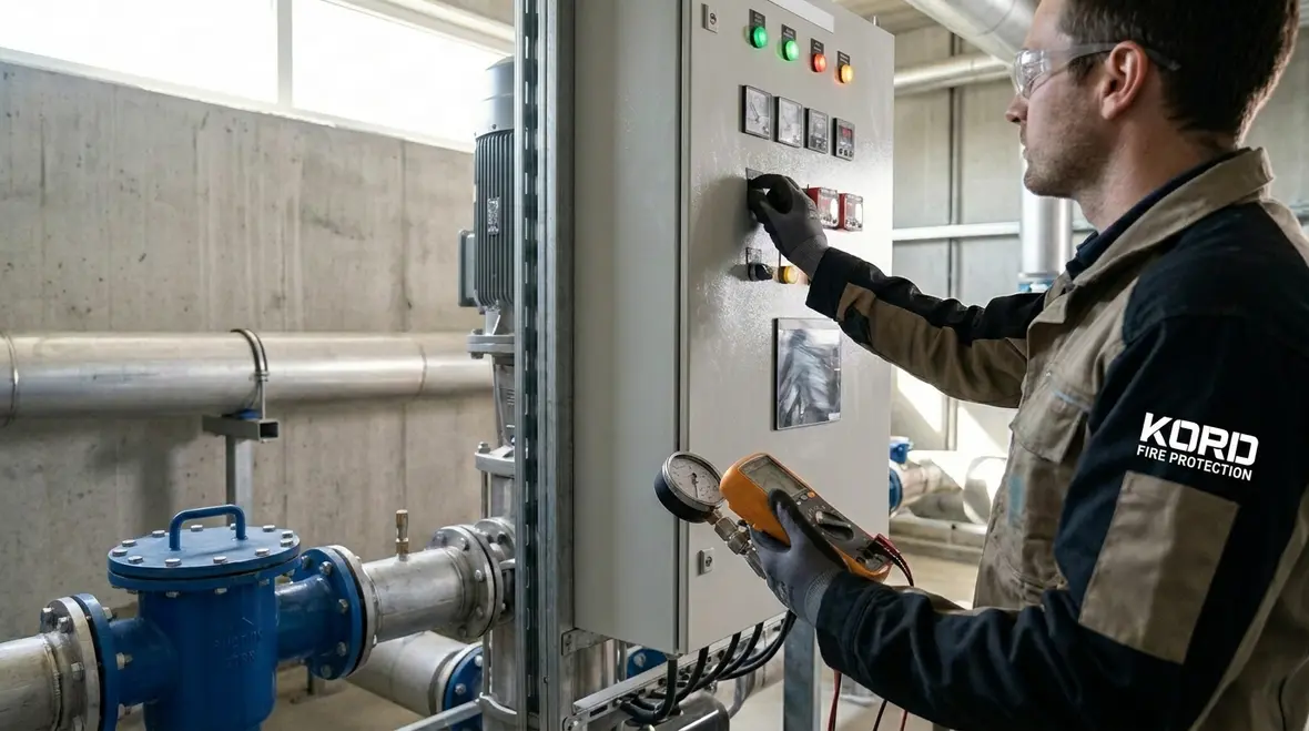 Technician completing electric fire pump testing and inspection checklist