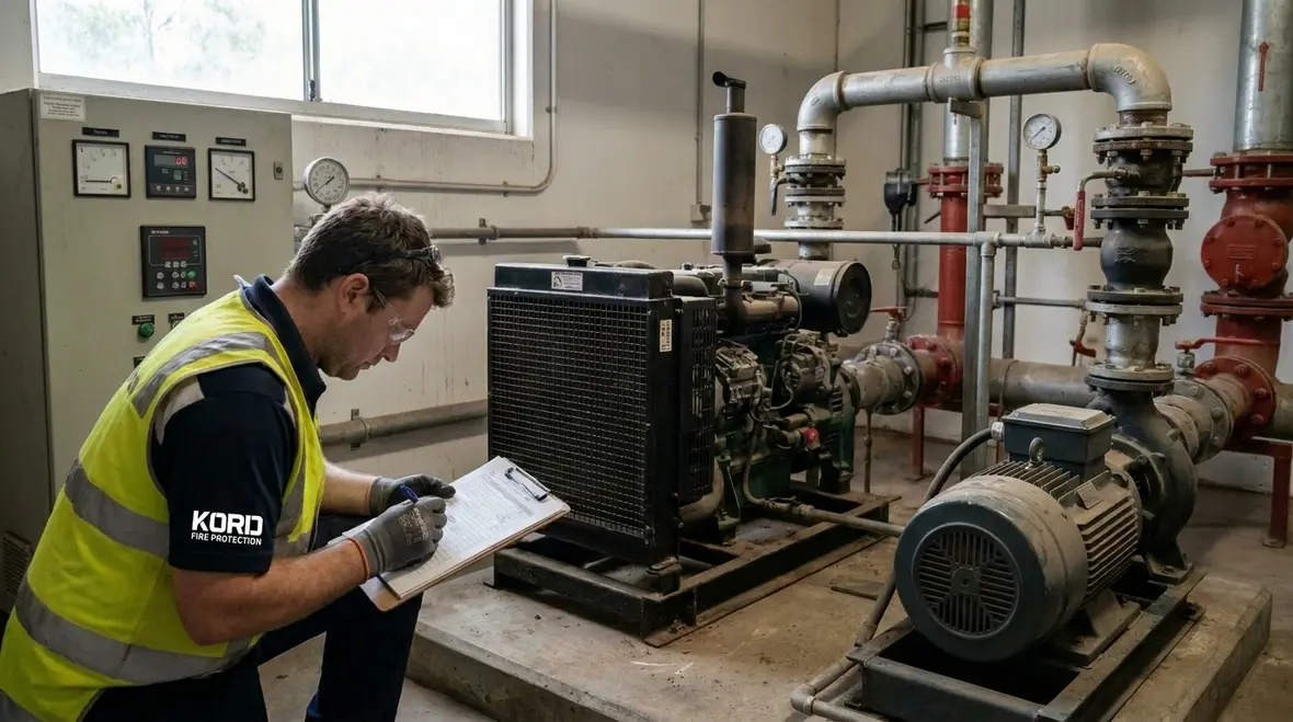 Technician reviewing fire pump defect records during AS 1851 inspection
