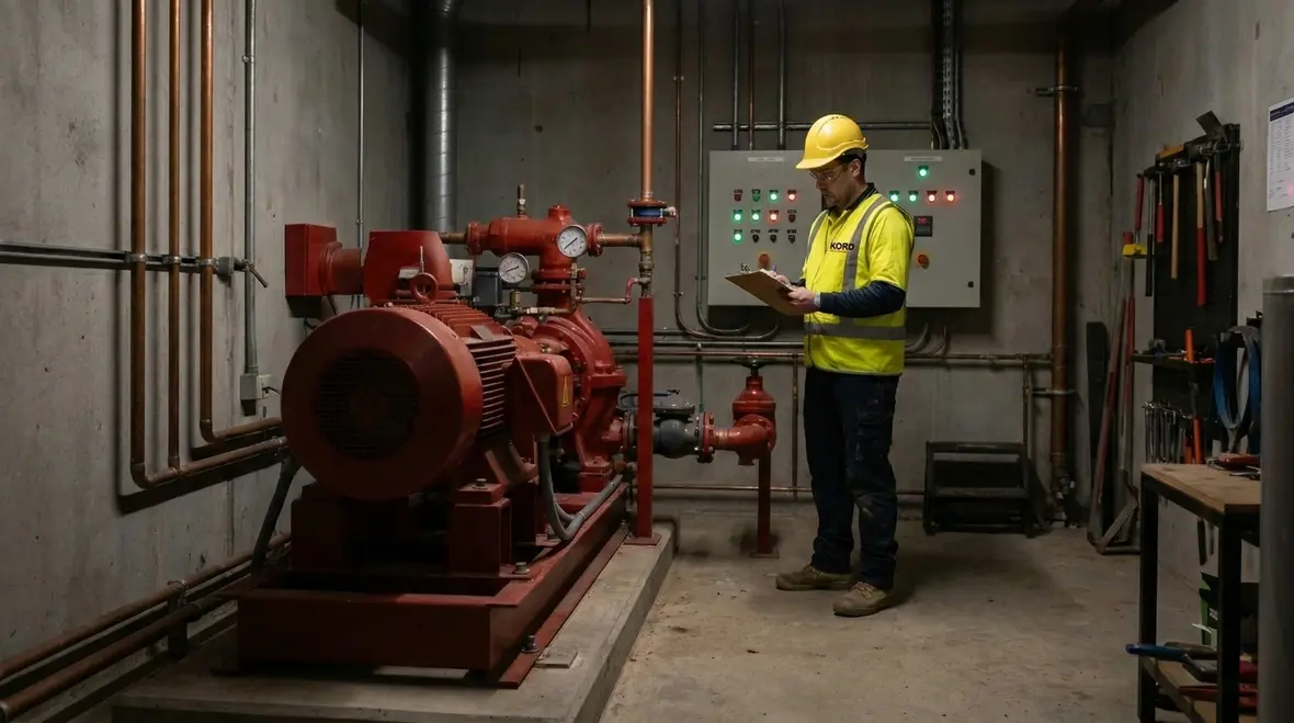 AS 1851 fire pump service technician inspecting pump room