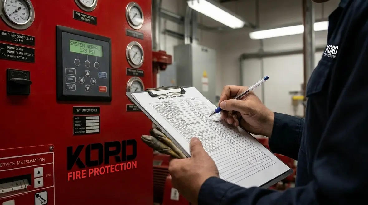 Fire pump room technician checking pressure and flow performance