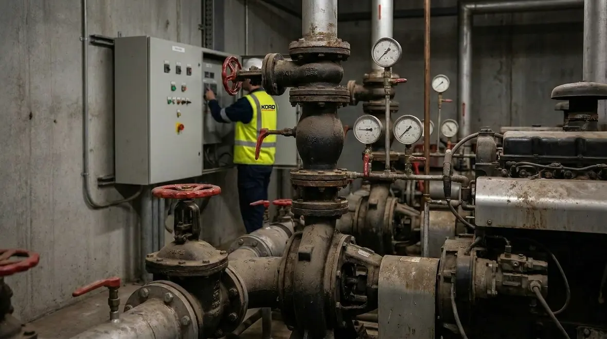 Fire pump inspection gauges and pipework in pump room