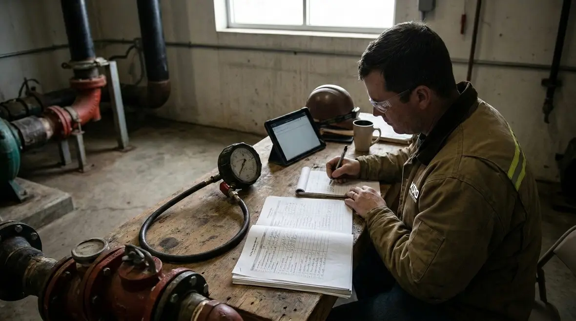 Technician reviewing fire pump test records and compliance results