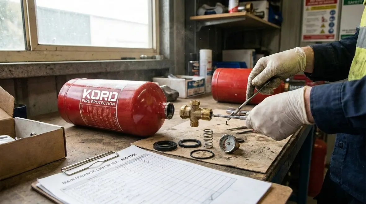 Technician repairing fire extinguisher components during routine service