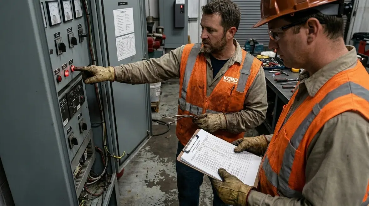 Technician testing sprinkler fire pump controls and alarms