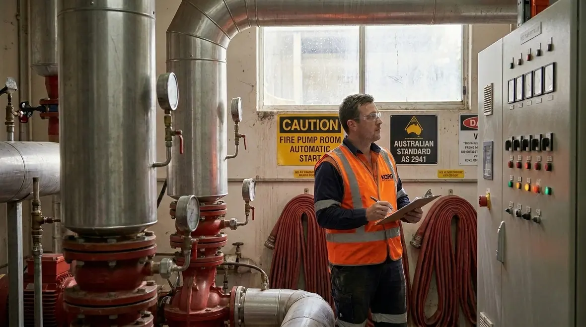 Fire pump testing gauges and controls during AS 2419 inspection