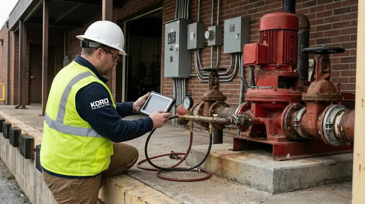 Commercial fire pump maintenance inspection in progress