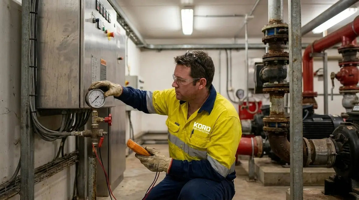 AS 2419 fire pump deficiency inspection on controller and gauges in pump room