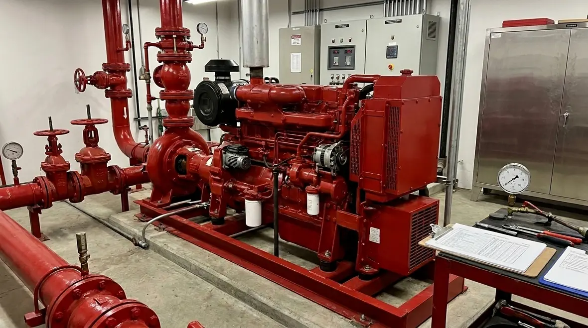 AS2419 fire pump room tech inspection controller panel and gauge setup, with safety gloves and hi-vis beside metal conduits and wiring, realistic documentary detail, soft lighting and depth of field, focusing on calibration and sensor-related checks in an industrial Australian setting