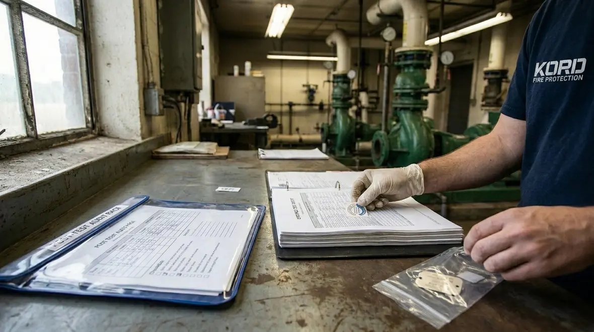 Technician reviewing fire pump control and driver performance