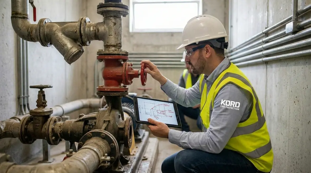 Technician checking pump room pipework valves and controller details before replacement