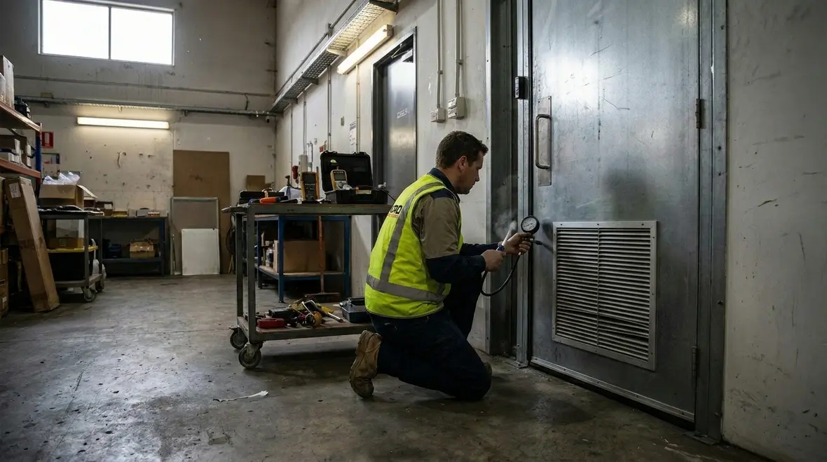 Technician reviewing gaseous suppression installation and commissioning details