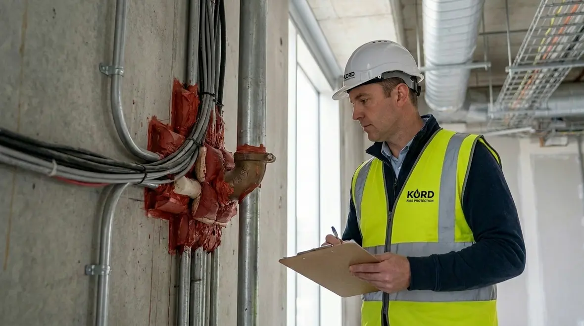 Fire stopping works being installed around service penetrations