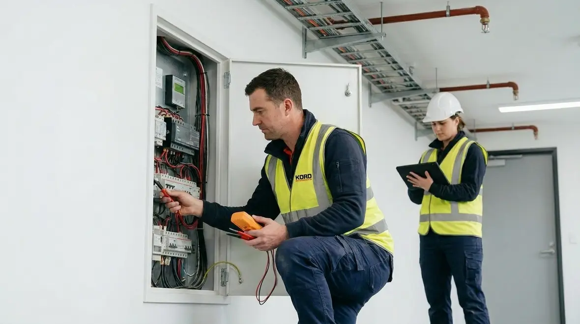 Fire safety auditor checking exits alarms and suppression systems
