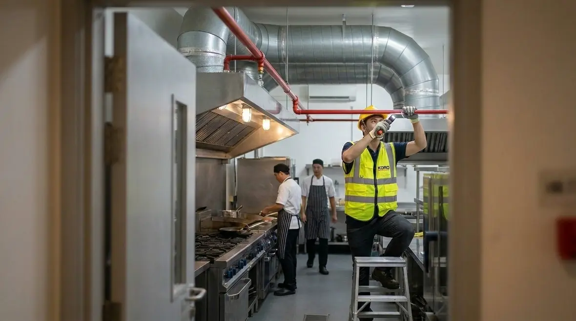 Integrated commercial kitchen fire protection layout