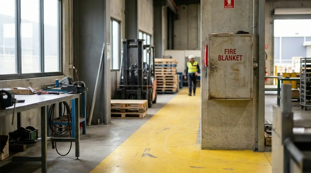 Commercial fire safety equipment installed near workplace travel paths
