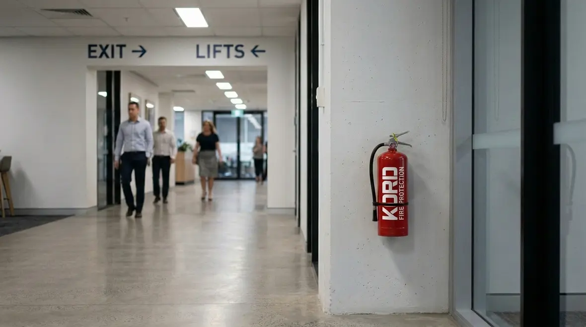 Fire protection equipment positioned along a commercial corridor for quick access