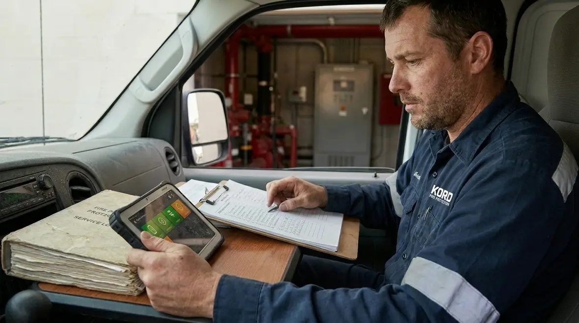 Technician reviewing hydrant fire pump commissioning results and control panel