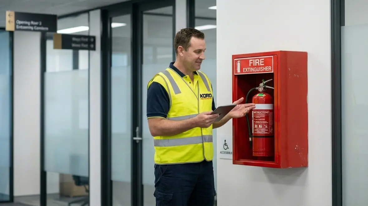 Fire extinguisher classification signage and cylinders in a commercial facility