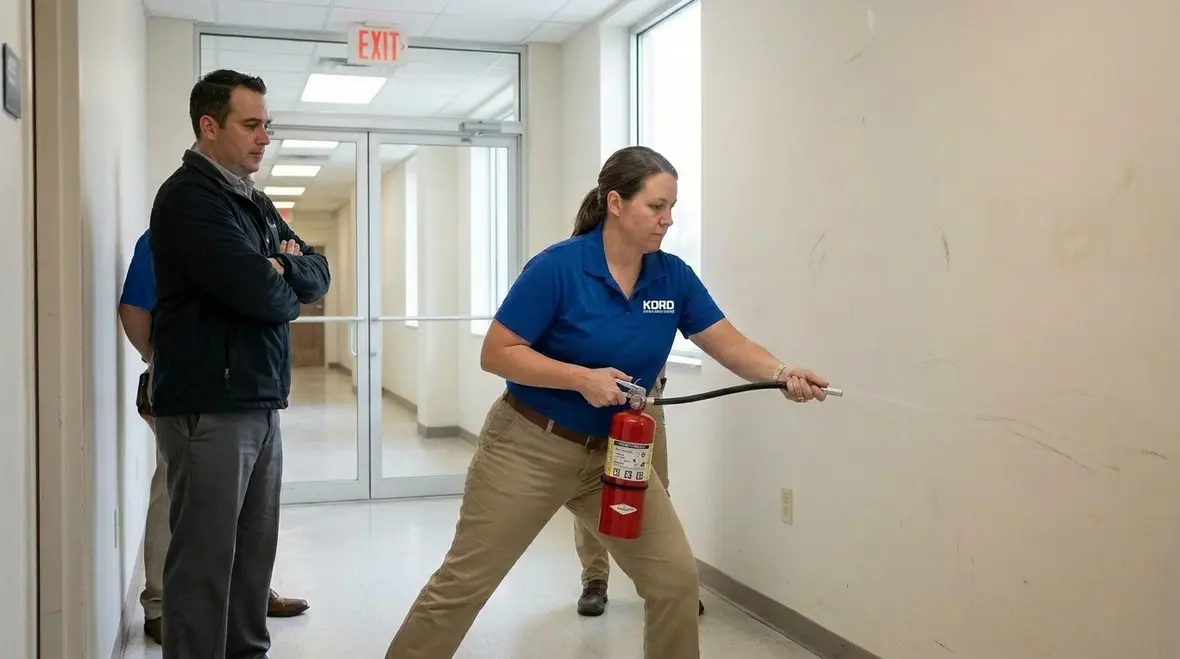 Routine fire extinguisher inspection and maintenance in workplace