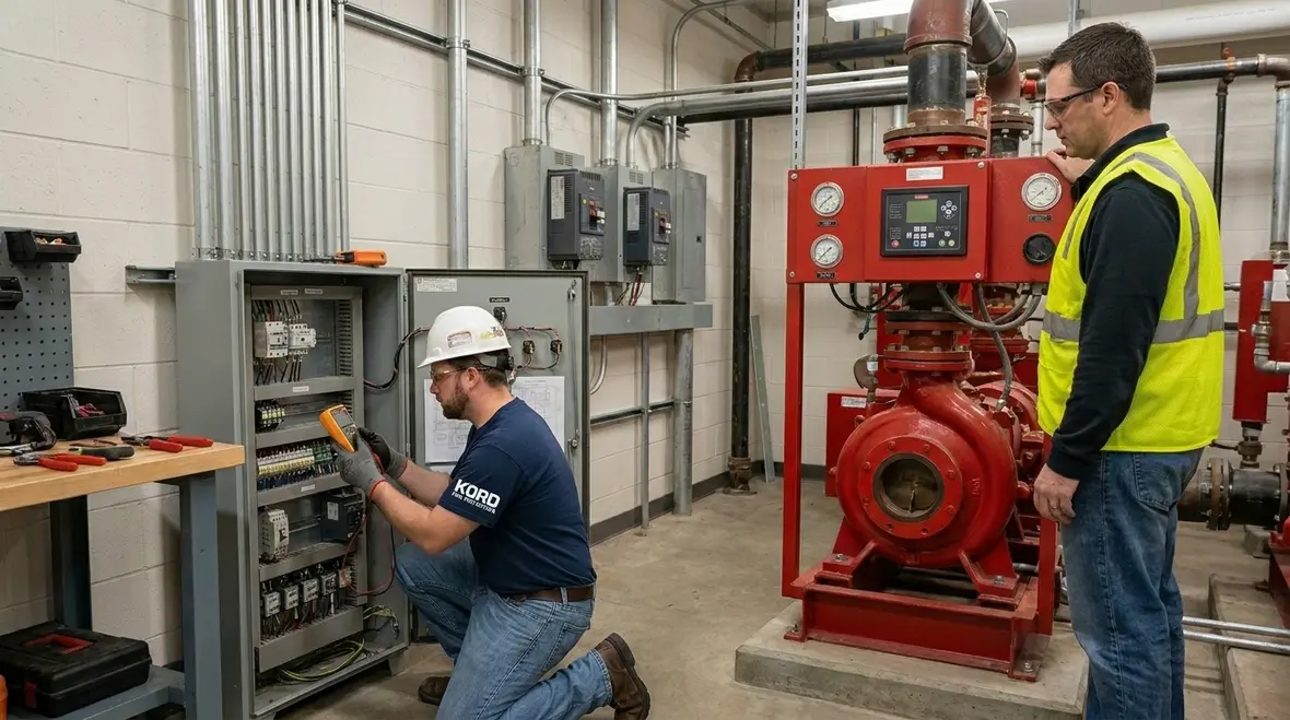 Technician reviewing fire pump controller settings and electrical interfaces