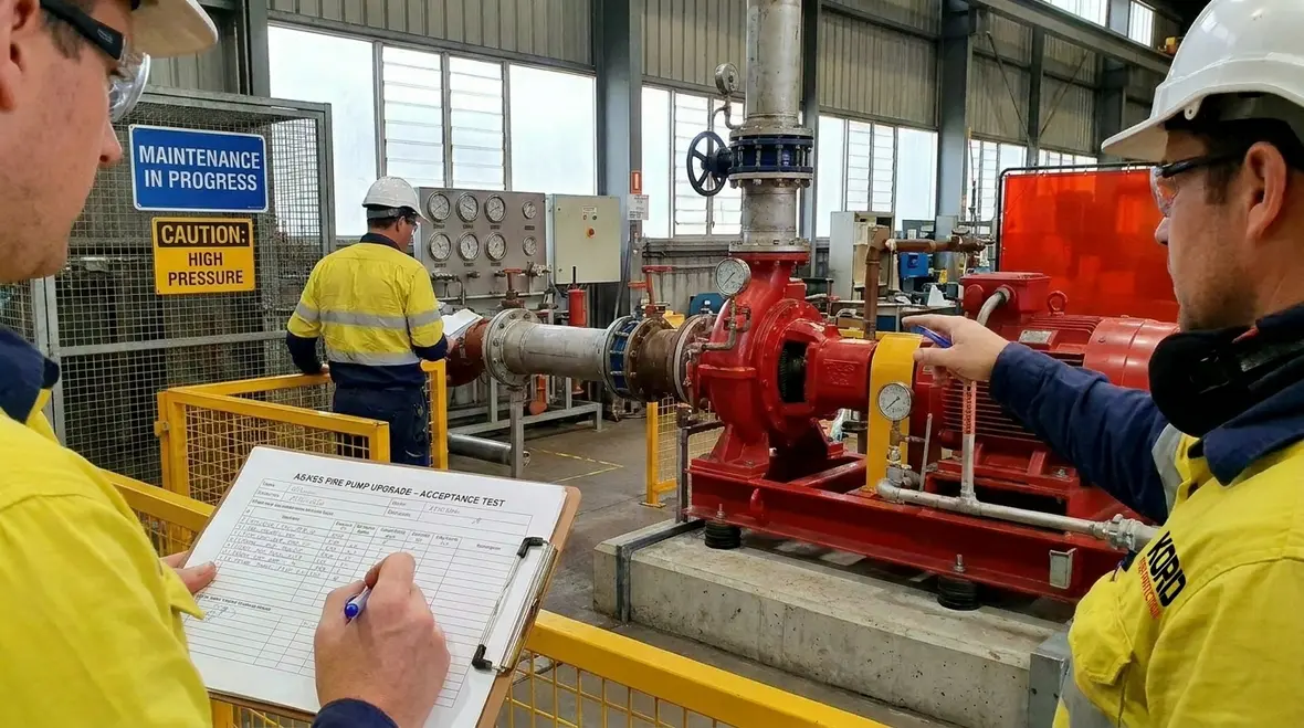 Commissioning team testing upgraded AS NZS fire pump system performance