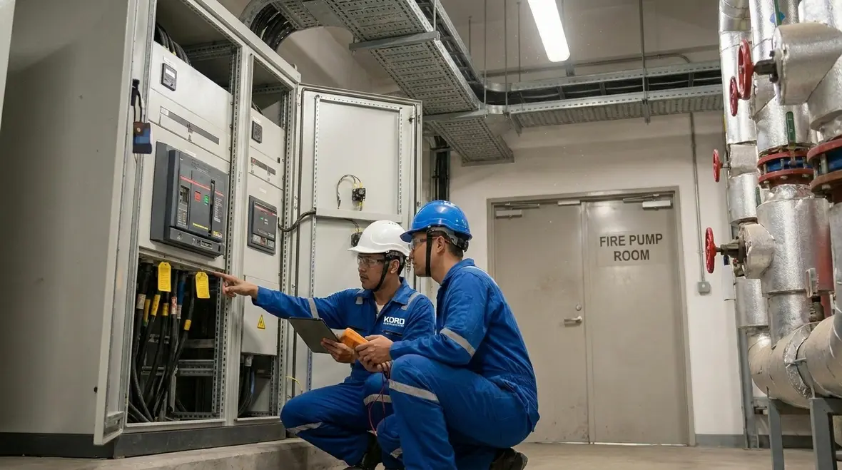 Technician coordinating staged fire pump replacement sequence and electrical isolation