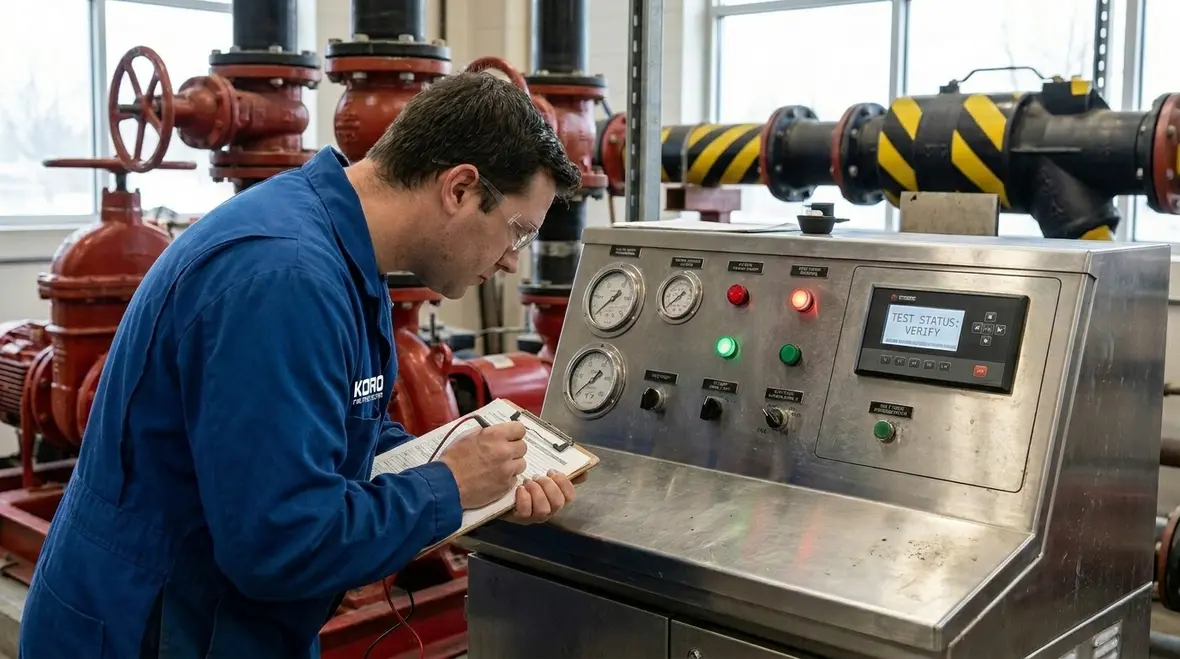 Fire pump maintenance technician inspecting controls