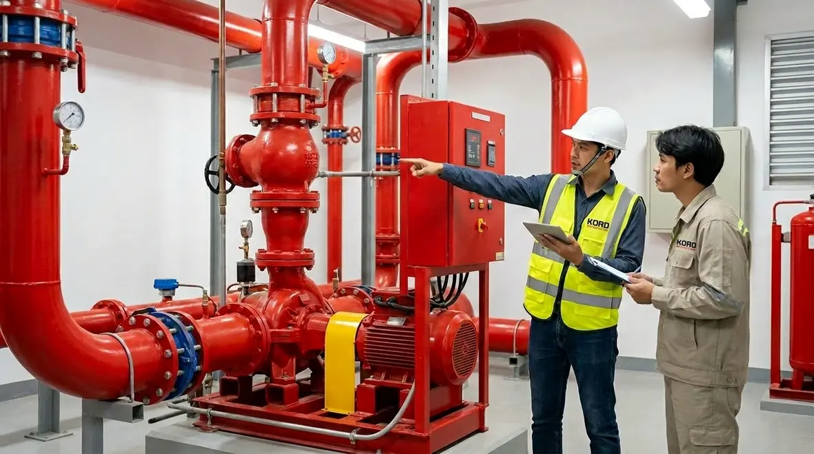 ASNZS fire pump room duty setup technician reviewing commission docs