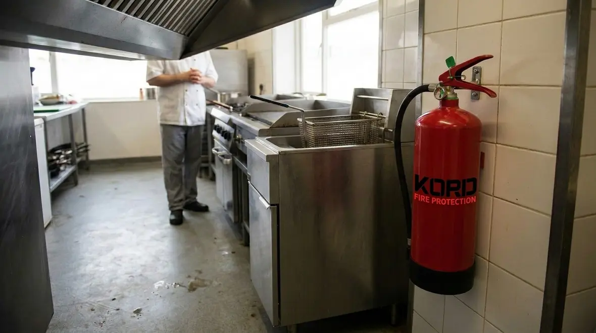 Restaurant kitchen fire safety equipment mounted for fast access