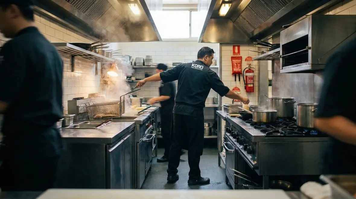 Class F fire extinguisher near commercial kitchen cooking line