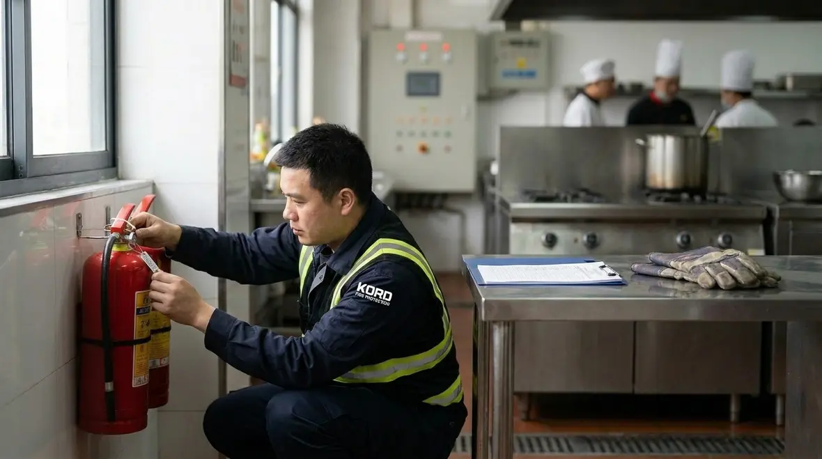 Commercial kitchen extinguisher placement beside fryer area