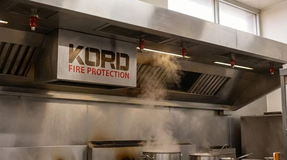 Wet chemical Class F suppression system installed in a commercial kitchen hood