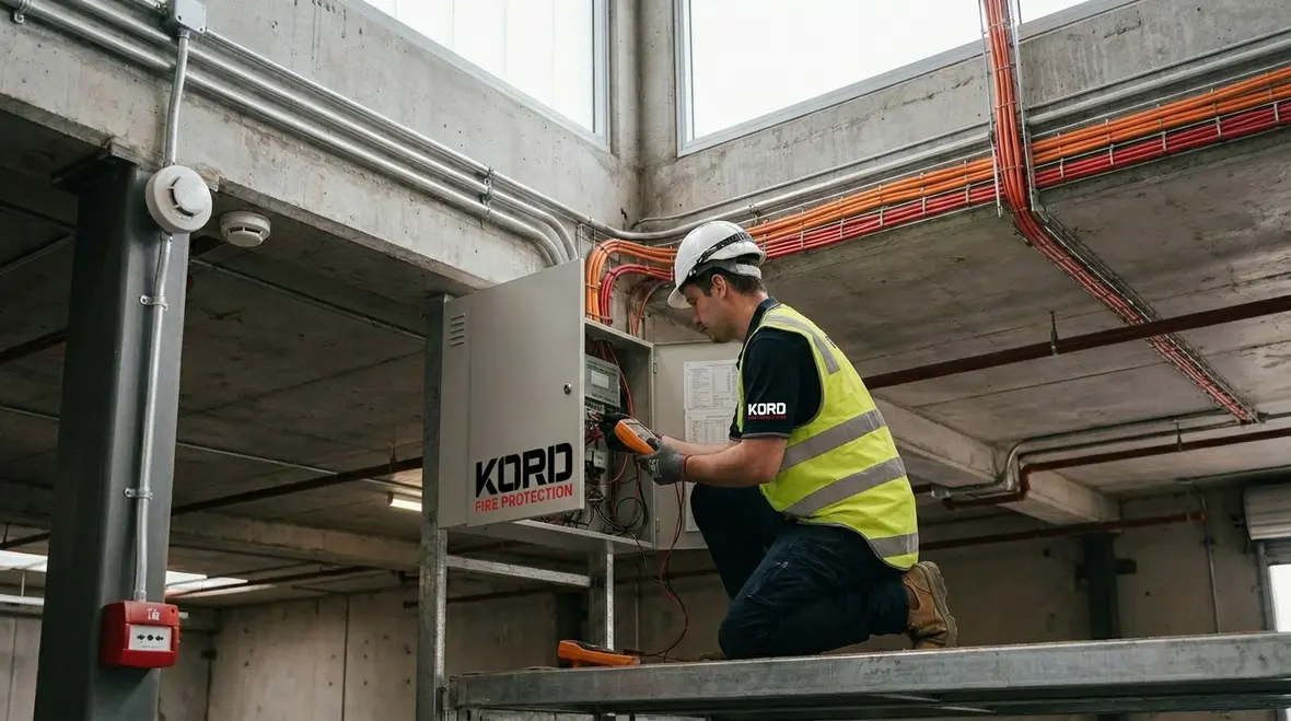 Fire alarm installation panel and wiring in commercial facility