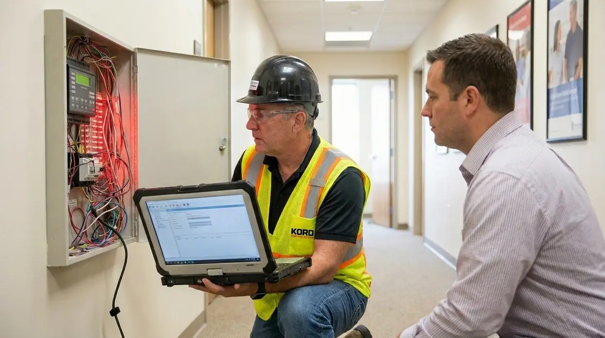 Commissioning technician reviewing fire alarm panel settings and test results