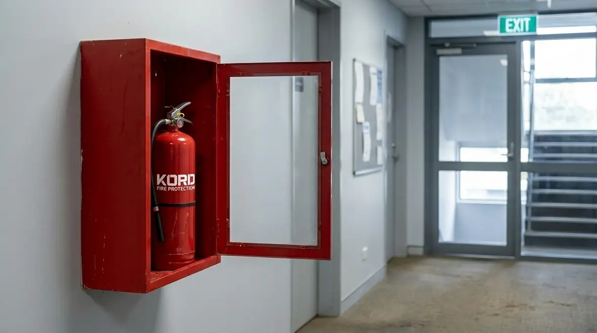 Technician inspecting workplace fire extinguisher in Brisbane