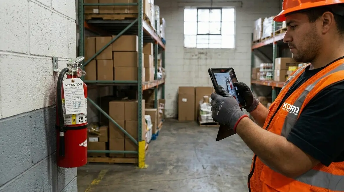 Fire extinguisher inspection workflow and tagging process for commercial facilities
