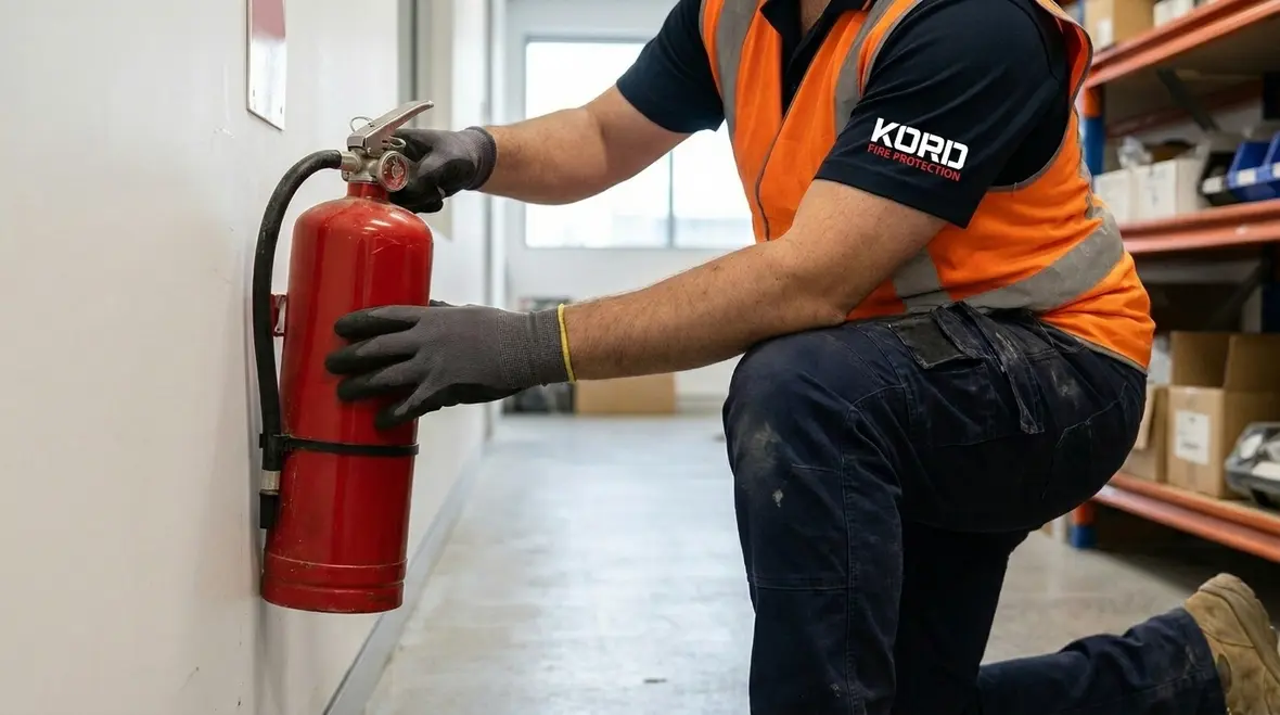 Technician carrying out fire extinguisher compliance inspection in Melbourne workplace