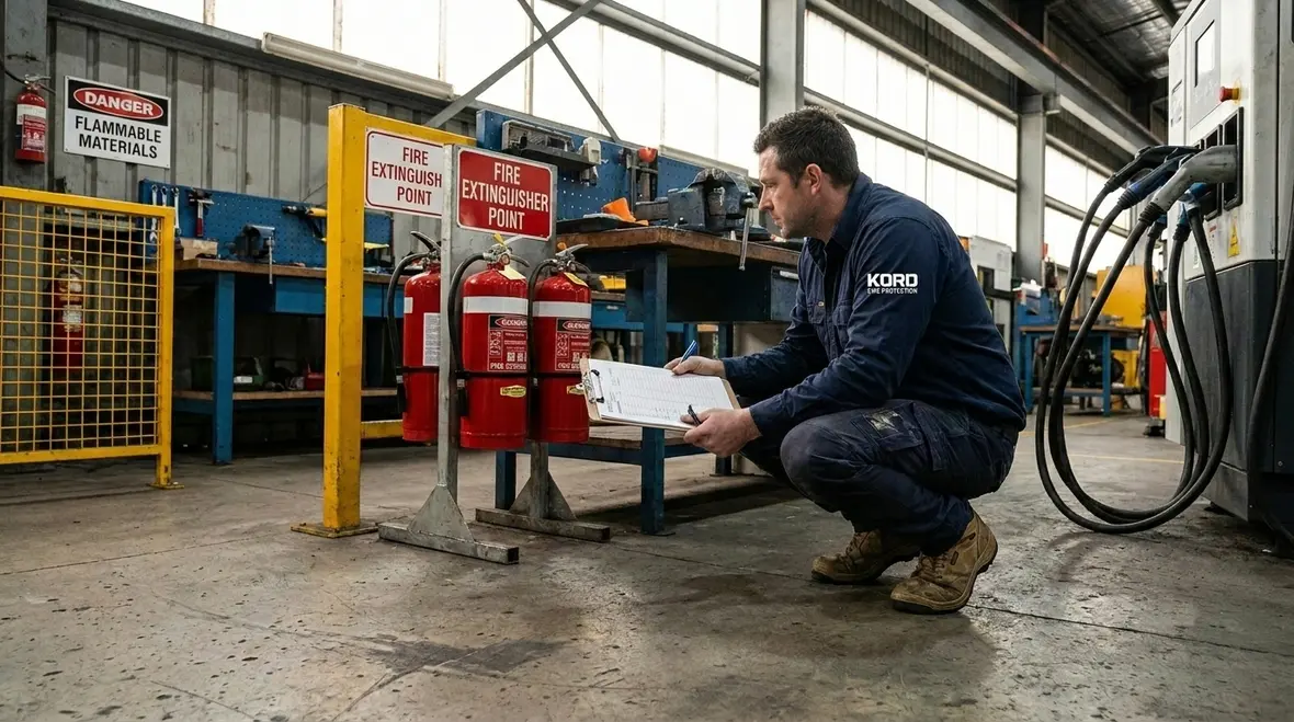 Fire extinguisher placement signage and access in high risk facility