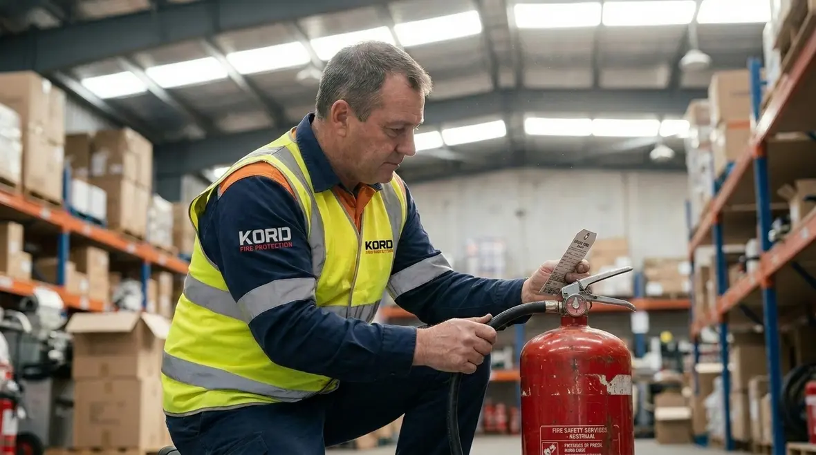 Portable fire extinguisher service inspection in commercial building