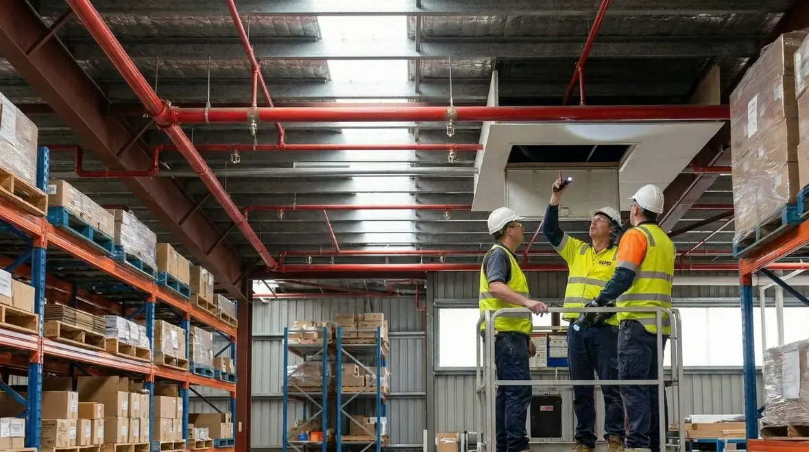 Commercial fire sprinkler pipework protecting a warehouse
