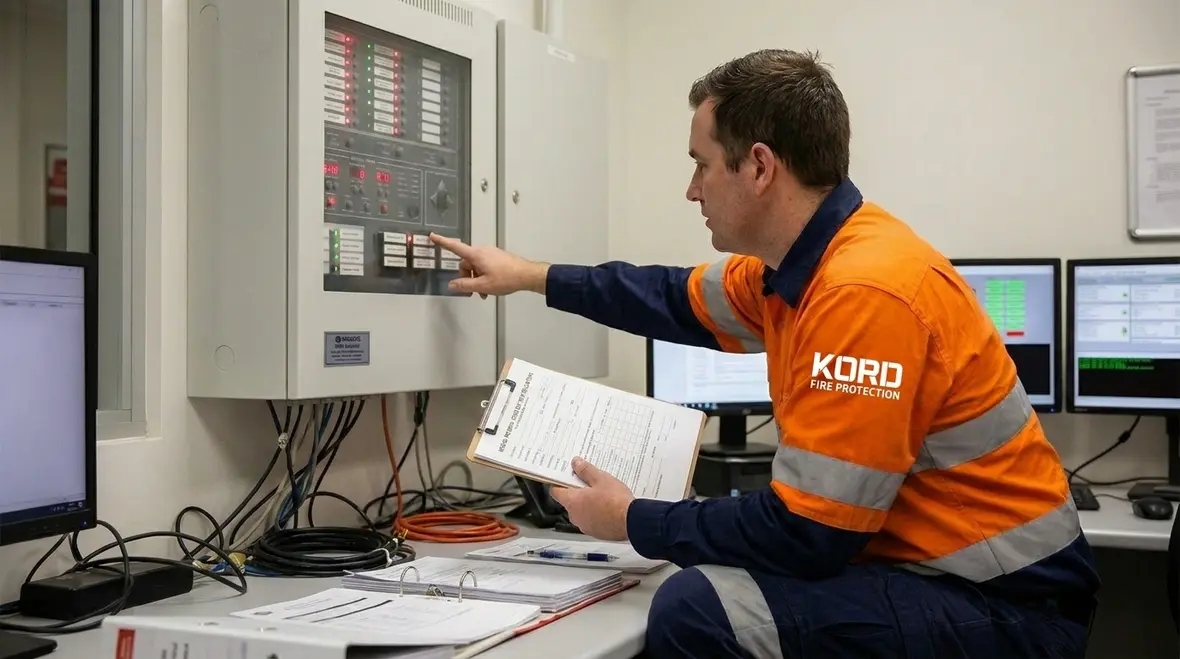fire alarm isolation technician reviewing panel status