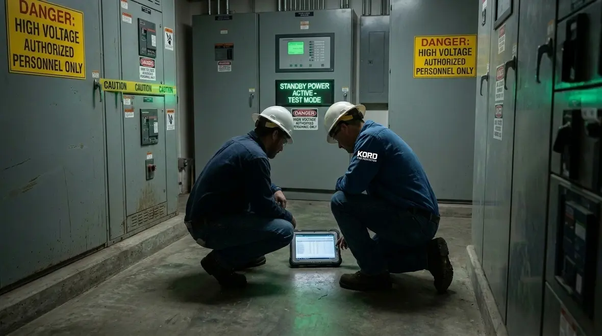 Technician checking fire alarm backup battery system
