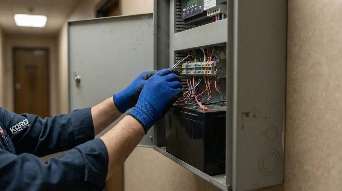 Fire alarm battery maintenance inside control cabinet