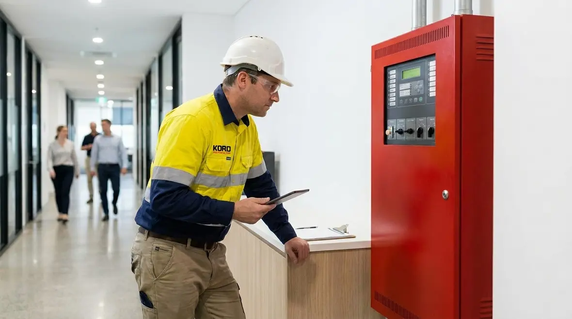 Technician reviewing fire panel maintenance records