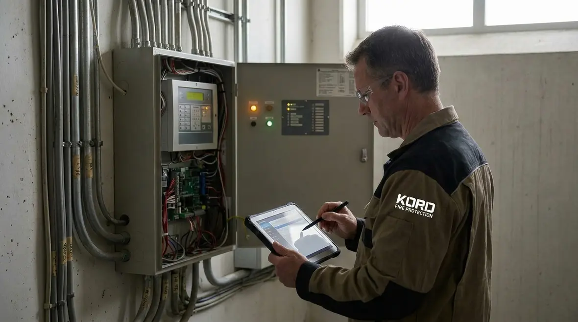apartment fire alarm maintenance technician inspecting alarm equipment